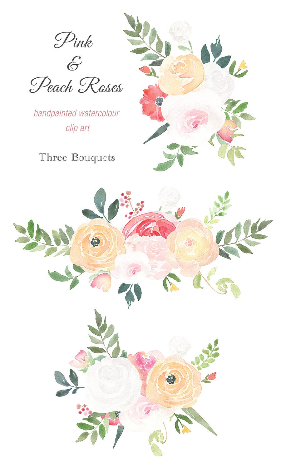 Watercolour Bouquet Clipart Pink and Peach Roses wedding