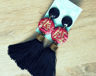Long earrings with tassel, magenta&black,polymer clay