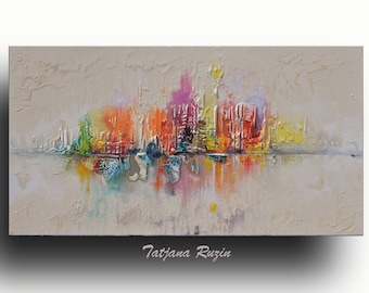 Skyline Abstract painting, Colorful Modern Oil Painting on canvas, texture, Cityscape, Abstract Art, Wall Art,Original Artwork, Custom