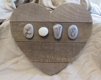 LOVE Rocks on Wood Heart