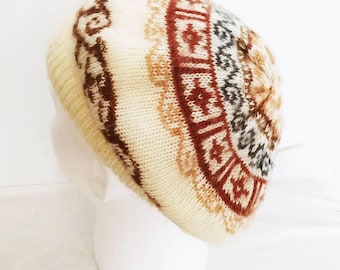 Vintage Aris Beret Earth Tones Brown Blue White Boho Made in USA