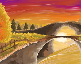 Sunset landscape, nature, acrylic paint, downloadable print