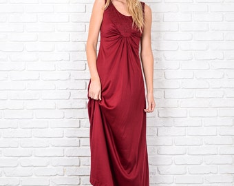 Vintage 70s Burgundy Maxi Dress Beaded A Line Boho Hippie XS 8671