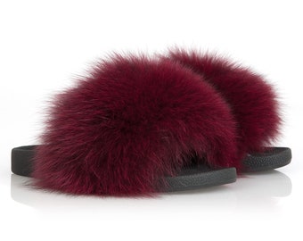 Bordeaux fox fur slides sandals for women. Real fox fur slides. Fur slides. Fur sandals. Slides. Real fur. Real fox fur. Gift for her.