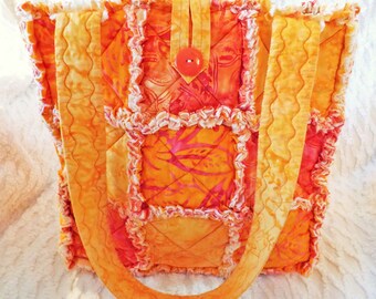 Orange Batik Rag Tote - Rag Quilt Tote - Batik Tote - Orange and Yellow Tote - Orange Rag Tote - Gift for Her