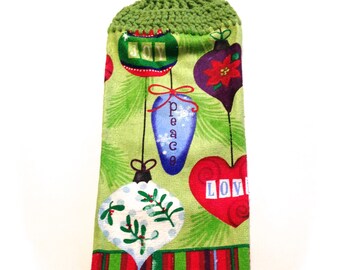 Christmas Tree Ornaments Hand Towel With Grass Green Crocheted Top