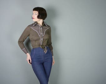WESTERN shirt by H Bar C California RANCHWEAR in brown and ceam STRIPE and polka dot pattern - cowboy / cowgirl country western top - xs-s