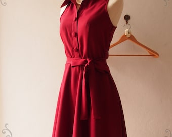 Dark Red Shirt Dress Red Summer Sundress Red Bridesmaid Dress Midi Dress Vintage Inspired Dress Blood Red Dress - DOWNTOWN - xs-xl, Custom