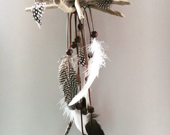 Misty Gypsy feather and driftwood wind chime / mobile - Guinea