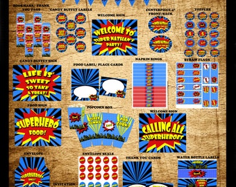 Printable Superhero Party- Superhero Birthday, Superhero Party Decorations, Printable Party- Comic Book Party Complete Party Package