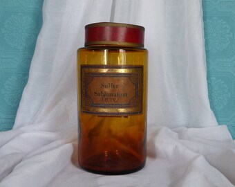 LARGE Antique French Amber Glass Apothecary Bottle - French Amber Glass Pharmacy Jar with Red Lid - Amber Glass Chemist Jar - Pharmacy Gift