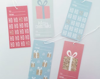 Set of 10 Holiday Gift Tags Christmas Gift Tags Pink Tag Green Present Tag Blue Gift Tag Gold Gift Tag Holiday Tag Printed Tags Red Gift Tag