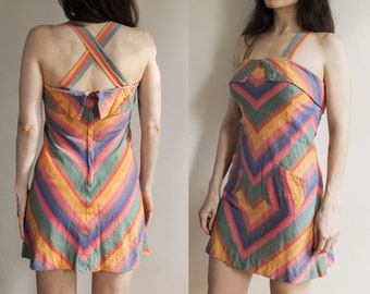 1960s Ritya Boho Rainbow Indian Cotton Mini Dress Size XS Hippie Festival Sundress 70s Bohemian Crossback Minidress Mr Freedom Glam