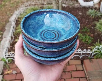 Set of (2) Blue Pottery Bowls Wheel Thrown Stoneware Clay Handmade