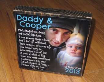 First Father's Day GIFT- Walk with me Daddy Poem Block- XL Personalized Photo Blocks- Custom made to order with poem quote or scripture