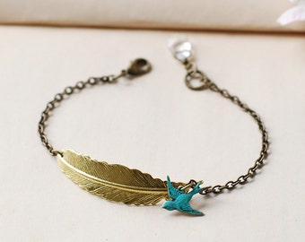 Gold Feather Bracelet Blue verdigris Patina Brass Bird Bracelet Bird Jewelry Feather Jewelry Rustic Vintage Style
