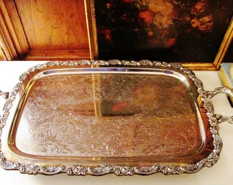 Vintage Footed Silver Tray, Butlers Tray, Silver Plate Footed Tray, Chippendale Style, Bar Tray, Vintage Silver Wedding Tray
