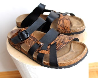 With PERSONALITY from EUROPE by VintageDeMar on Etsy Vtg LEATHER Cork Slides SNAKE Print Birkenstock Style Strappy Sandals Minimal Womens Summer Vacation Platform Python