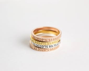 Custom Location Coordinates Ring • Dainty Coordinates Stackable Band • Latitude Longitude Ring • Personalized GPS Location Jewelry • RM22F30