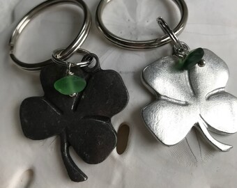 lucky four leaf clover keychain with green sea glass, talisman, good luck charm, Irish symbol, Irish key ring, St Patricks Day, green