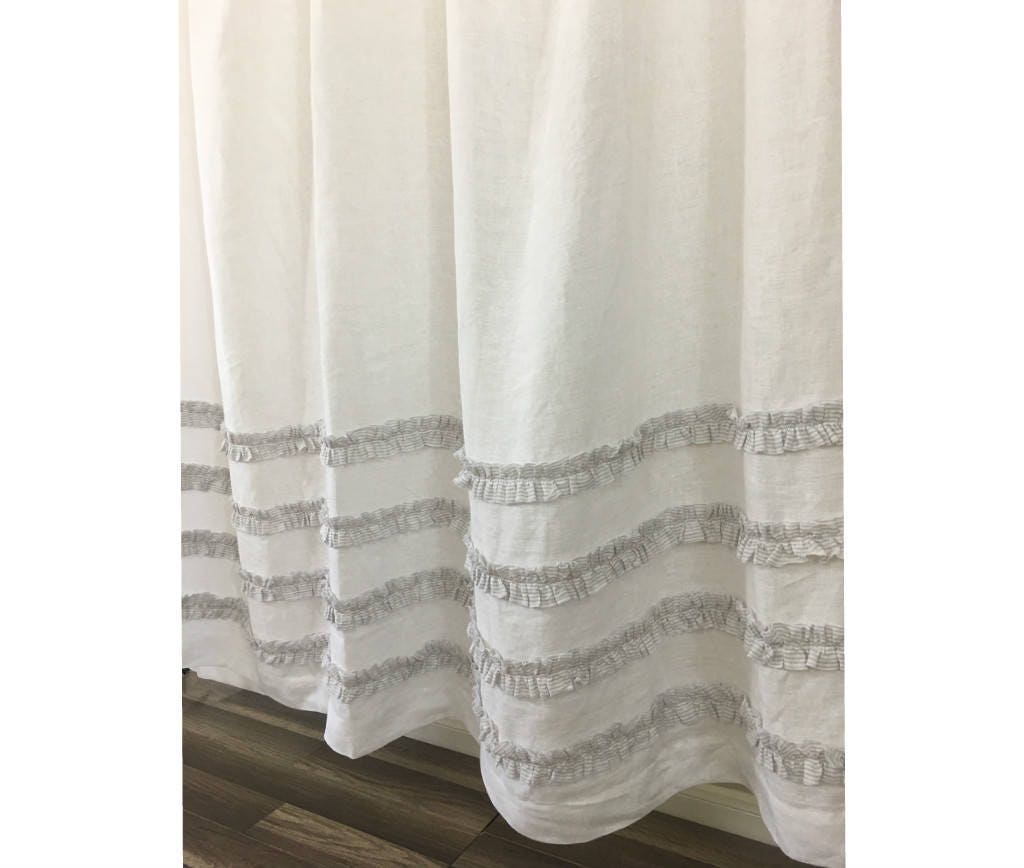 White Linen Shower Curtain With Grey Ticking Stripes 4 Rows Of Zoom