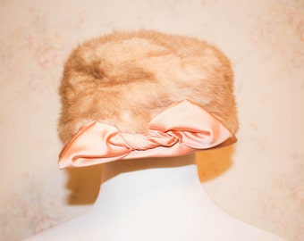 Vintage 1950s Fur Hat, 50s Pillbox Hat, Peach Satin, Bow, Blonde Mink