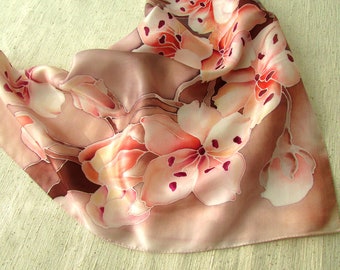 Scarf hand painted Peach silk scarf square Pink silk scarf Neck scarf Plum branch scarf Plum blossoms Flowering plum Pink silk shawl