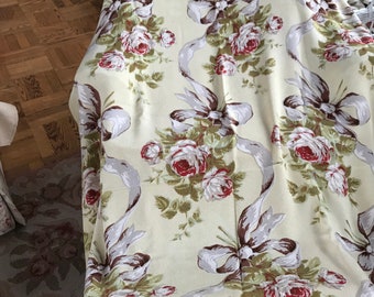 Vintage Barkcloth Curtain Panel/Tablecloth in Yellow with Roses and Ribbons