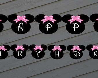Minnie Mouse Banner / Minnie Mouse Birthday Banner / Minnie Bowtique Birthday Banner - Pink Minnie Black White Bow Printable