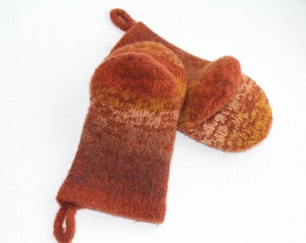 Pumpkin Orange Knit Felted Wool Oven Mitt Set, Rust, Cream, Gold Knit Felted Oven Mitts Wool Oven Glove Set, Hostess Gifts, Kitchen Gift
