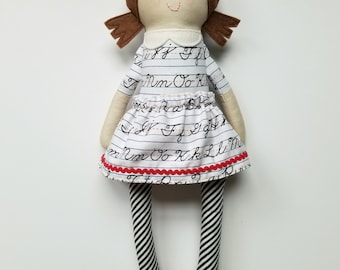 Schoolgirl Doll-Brunette Doll-Brown Hair Doll- Handmade Doll- Fabric Doll-First Day of School- OOAK Doll- Baby Doll- Heirloom Doll