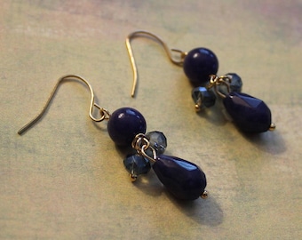 Golden Dumortierite Beads and Blue Crystals Drop Dangle Earrings