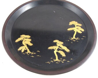 Vintage round lacquer wood tray - round bar tray - round dresser dray - wood tray - vintage lacquerware - vintage japan lacquer tray