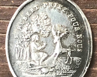 Patron Saint HUBERT Saint of HUNTERS & Saint Roch with his Dog Vintage Religious Medal Pendant on 18" Sterling Silver Rolo Chain