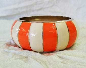 Mod Clamper Bangle, Chunky Orange & Cream Striped Enamel, Silvertone Metal Hinged Bracelet