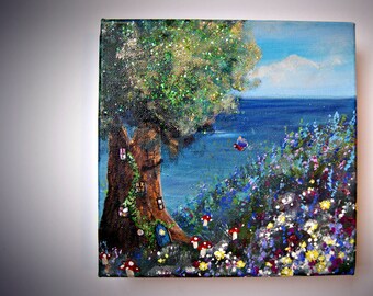 Fairy tale fantasy acrylic original artwork toadstools tree art by Jess Cudlip