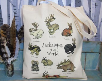 Jackalopes of the World Illustration Eco Tote Bag ~ 100% Cotton Long Handles