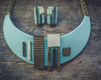 Statement necklace Bib necklace black white gold black green necklace geometry necklace polymer clay necklace Large necklace jewelry set