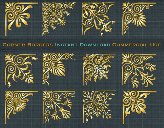 12 Digital Gold Corner Borders Clip Art Golden Ornate Borders