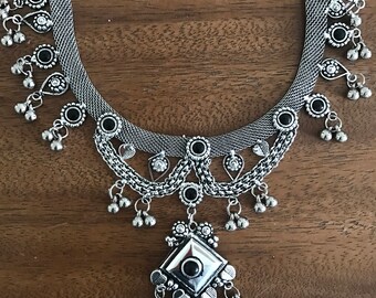 Silver beaded indian statement choker necklace kuchi boho gypsy
