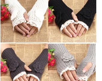 Fingerless gloves with flower in wool (4 colors)