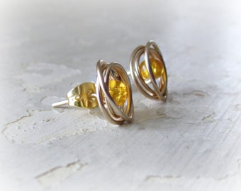 Gold Stud Earrings, Amber Posts, Glass Stud Earrings, Wire Wrap Earrings, Amber Studs, Small Stud Earrings, Gold Post Earrings, Glass Beads