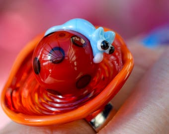 JetArt,jewelry,lampwork,ring,glass,nail art ring 17 18 19,pendant,interchangeable,stainless steel,orange,red,color,sieraad,glass top,bird