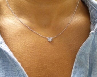 Solitaire Necklace/ CZ Necklace Sterling Silver/ Dainty Solitaire Necklace/ Minimalist Necklace/ Solitaire Bezel Pendant/Floating Diamond CZ