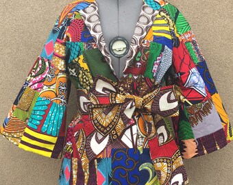 African Wax Print Patchwork Jacket Fully Lined With Optional Tie Belt 100% Cotton