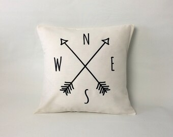 Compass Pillow cover, arrow pillow, Compass cushion, throw pillow, off white pillow, 16x16, 18x18, 20x20, 24x 24, 26x26, accent pillow