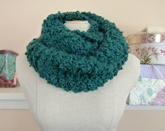 Chunky Infinity Scarf, Warm Hand Knit Vegan Cowl in Emerald Green - Item 1366