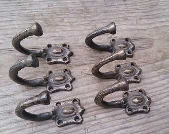 6 Ornate Antique Vintage Single Coat Hat Hooks 2 1/2" in Solid Brass #C4