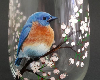 Blue Bird Wine Glass Hand Painted White Cherry Blossom Spring Glassware Unique Gift Nature Lover Birdwatcher Flowering Tree Pretty Bar Decor