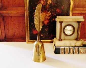 Vintage Tall Brass Dinner Bell, Feather Top Brass Bell, Hollywood Regency Brass Dinner Bell, Home Office Decor